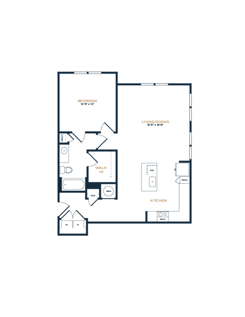 Floor plan for 1 bed, 1 bath, 895 sqft